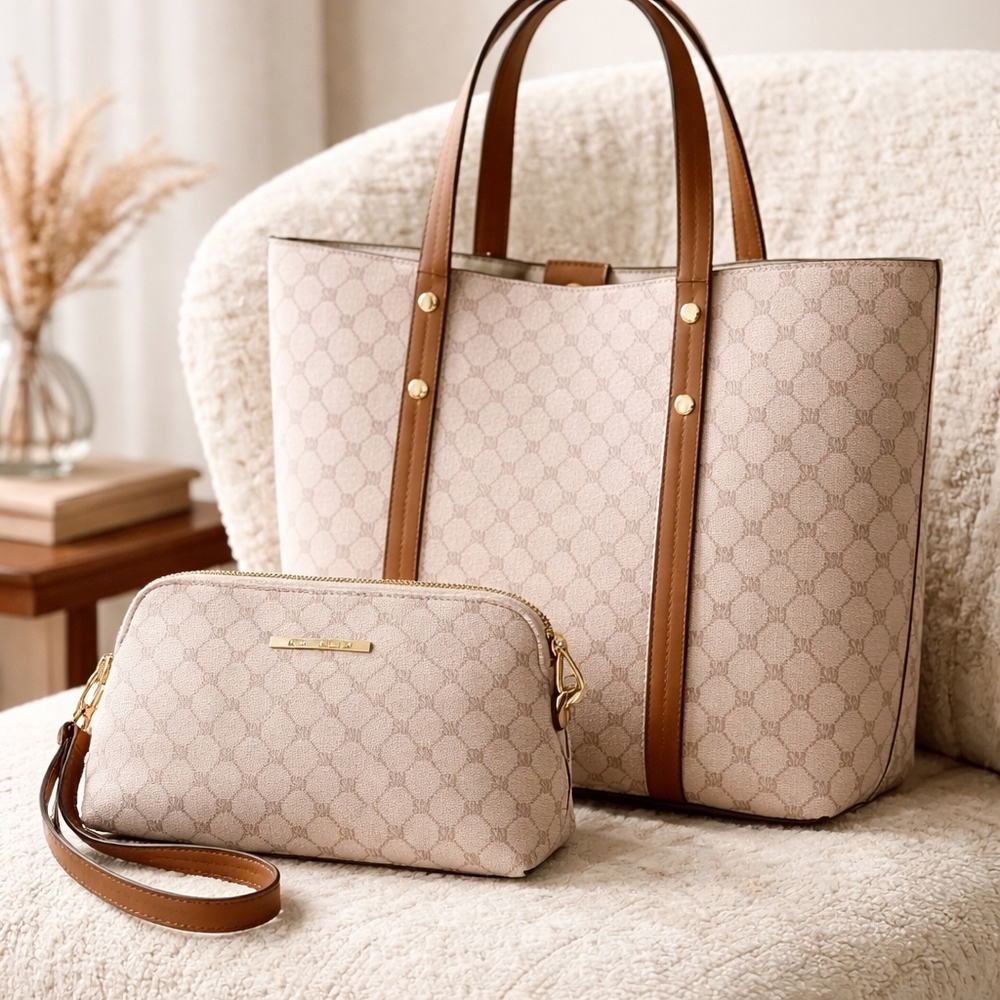 Steve Madden Beige Monogram Tote and Crossbody with Brown Trim NWT